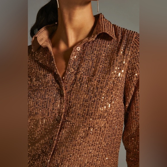 Anthropologie Remie Sequin Button Front Shirt Blouse Large Gold Bronze Top - Picture 13 of 13